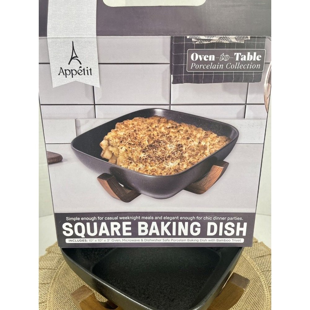 Appetit Square Baking Dish Porcelain Oven to Table Dish with Bamboo Trivet